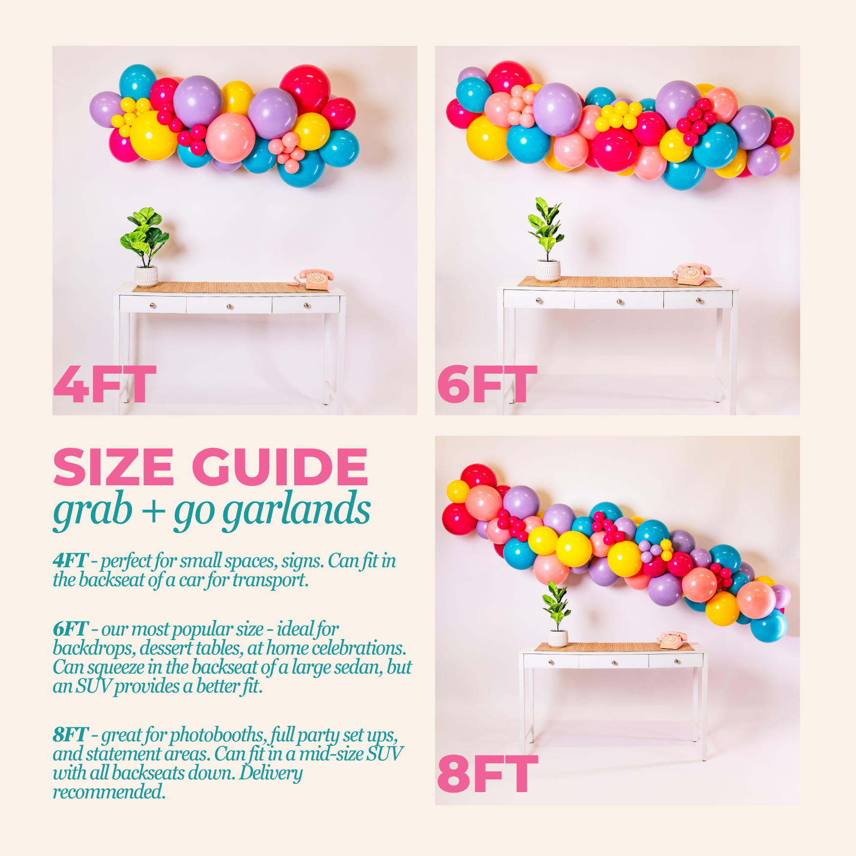 Colorful balloon garlands displayed in three sizes with size guide text.