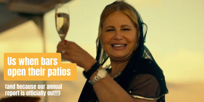 Jennifer Coolidge with a drink and caption reading 