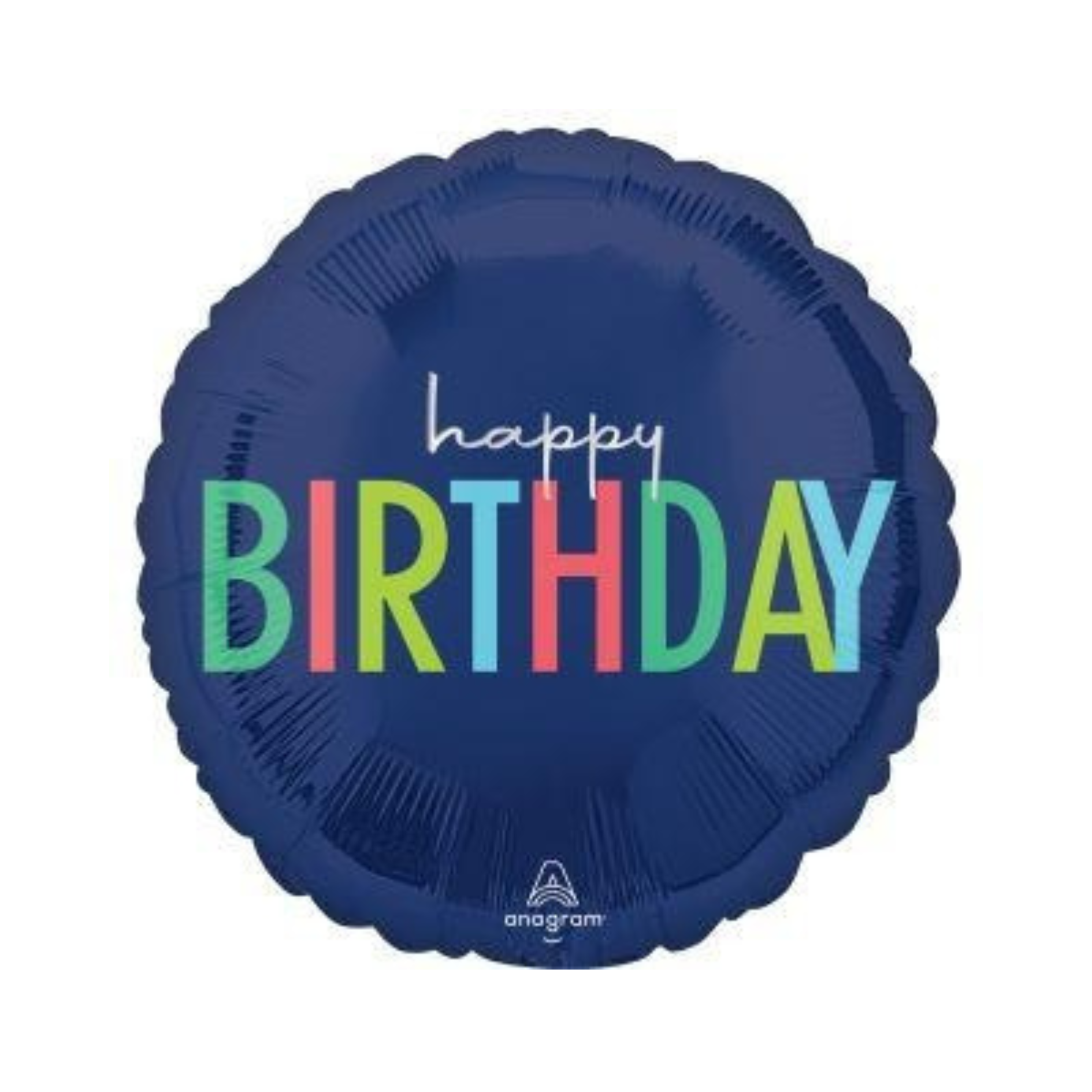 Blue birthday balloon with colorful 'happy birthday' text on a white background